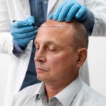 Mann, der sich einer Follikeleinheit-Extraktion unterzieht - Nach einer Haartransplantation