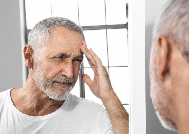Mann schaut mit besorgtem und traurigem Gesichtsausdruck wegen seiner Alopezie in den Spiegel - Psychologischen konsequenzen alopezie haartransplantation